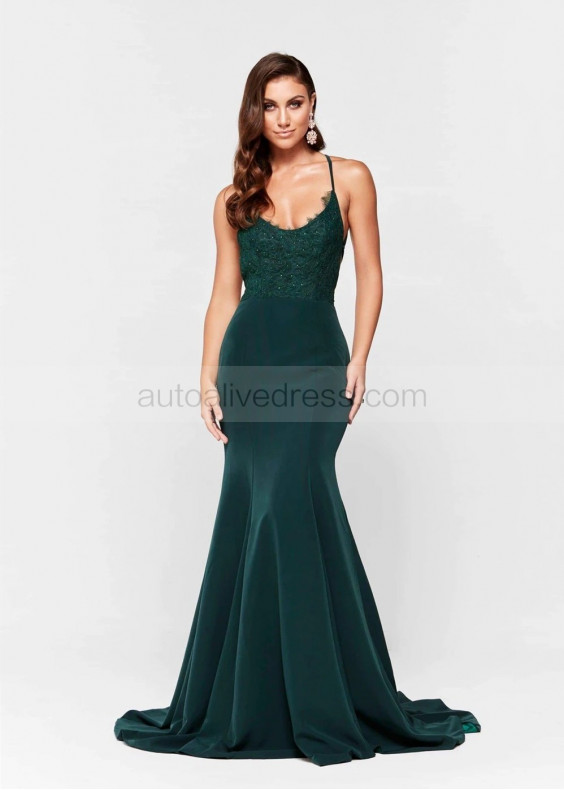 Scoop Neck Beaded Emerald Lace Long Prom Dress Scoop Neck Beaded Emerald Lace Long Prom Dress