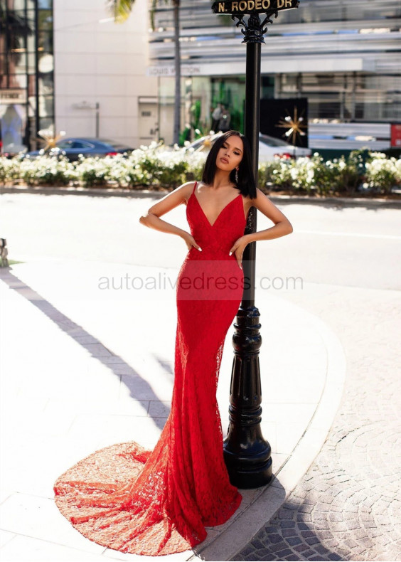V Neck Red Shimmering Lace Long Prom Dress