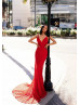 V Neck Red Shimmering Lace Long Prom Dress