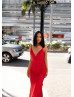 V Neck Red Lace Long Prom Dress