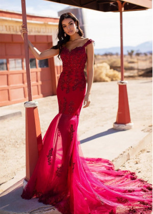 Beaded Burgundy Lace Tulle V Back Prom Dress