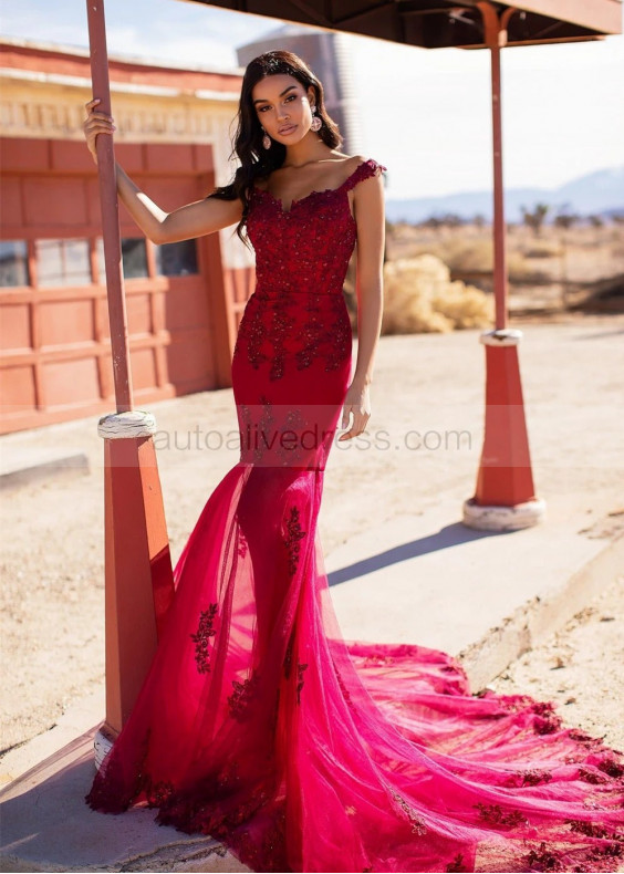 Beaded Burgundy Lace Tulle V Back Prom Dress