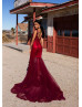Beaded Burgundy Lace Tulle V Back Prom Dress