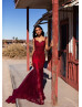 Beaded Burgundy Lace Tulle V Back Prom Dress