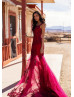 Beaded Burgundy Lace Tulle V Back Prom Dress