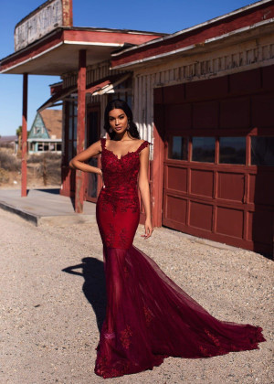 Beaded Burgundy Lace Tulle V Back Prom Dress