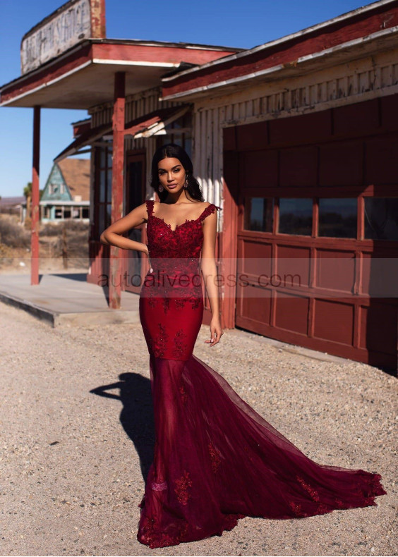 Beaded Burgundy Lace Tulle V Back Prom Dress Beaded Burgundy Lace Tulle V Back Prom Dress