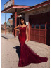 Beaded Burgundy Lace Tulle V Back Prom Dress