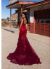 Beaded Burgundy Lace Tulle V Back Prom Dress