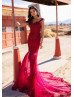 Beaded Burgundy Lace Tulle V Back Prom Dress