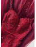 Beaded Burgundy Lace Tulle V Back Prom Dress Beaded Burgundy Lace Tulle V Back Prom Dress