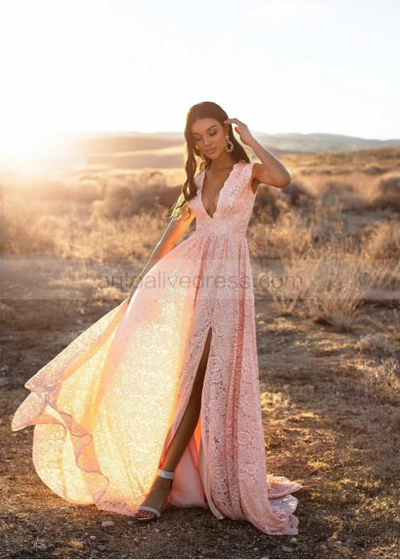 Peach Lace Slit Long Prom Dress