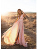 Peach Lace Slit Long Prom Dress