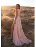 Peach Lace Slit Long Prom Dress