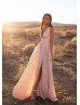 Peach Lace Slit Long Prom Dress