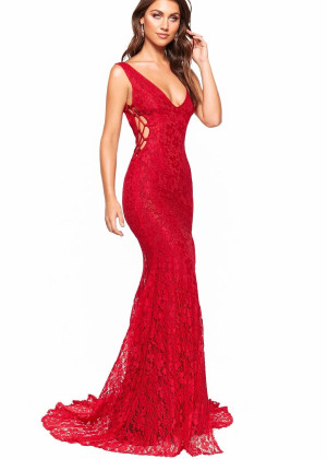 Deep Red Lace Slit Side Lace-up Long Evening Dress