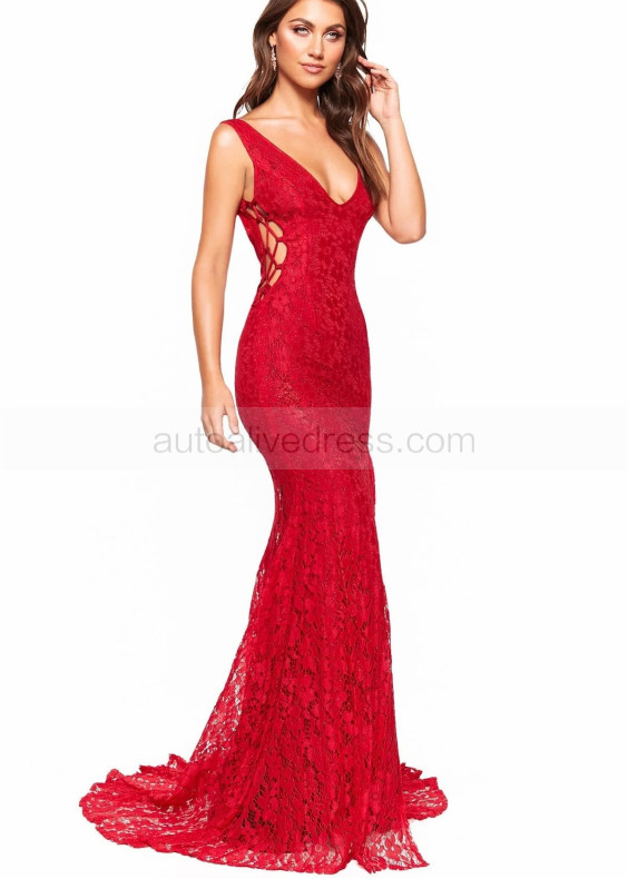 Deep Red Lace Slit Side Lace-up Long Evening Dress