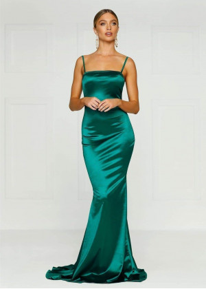 Emerald Satin Adjustable Straps Long Evening Dress