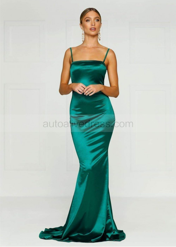 Emerald Satin Adjustable Straps Long Evening Dress