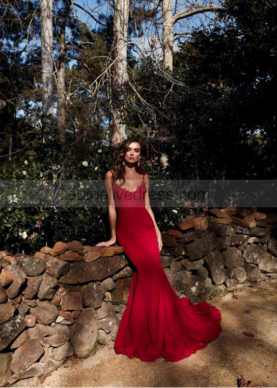 Red Beaded Lace Open Back Long Evening Dress