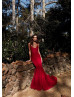 Red Beaded Lace Open Back Long Evening Dress