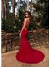 Red Beaded Lace Open Back Long Evening Dress