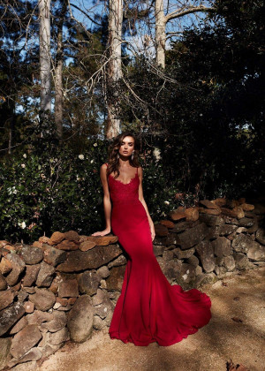 Beaded Red Lace Ponti Gorgeous Long Evening Dress