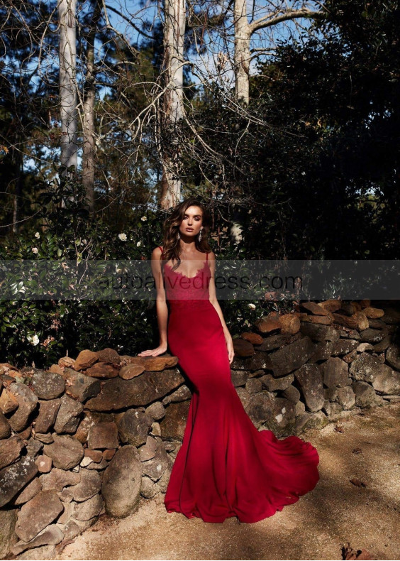 Beaded Red Lace Ponti Gorgeous Long Evening Dress