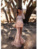 Off Shoulder Beaded Tulle Slit Sexy Evening Dress