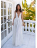 Plunging Neck Ivory Shimmering Glitter Open Back Prom Dress