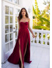 Sweetheart Strapless Deep Red Satin Front Slit Prom Dress