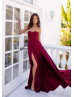 Sweetheart Strapless Deep Red Satin Front Slit Prom Dress
