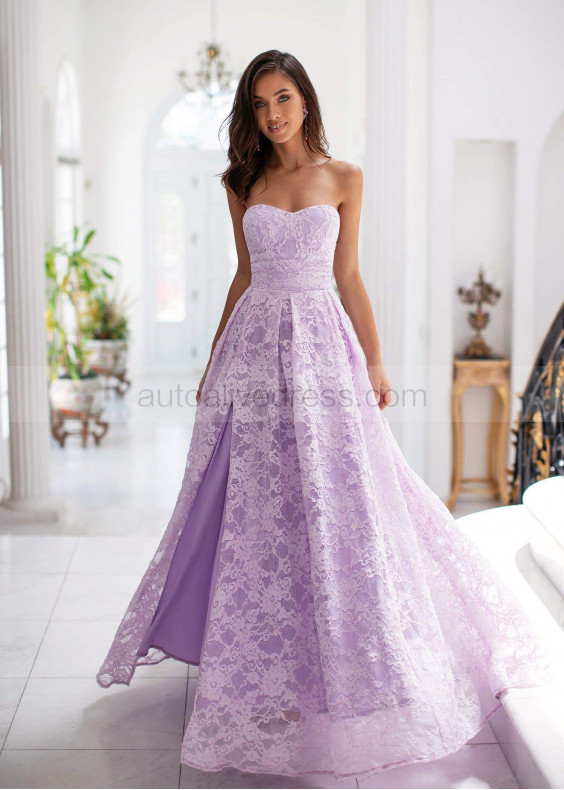 Sweetheart Strapless Lilac Lace Slit Prom Dress