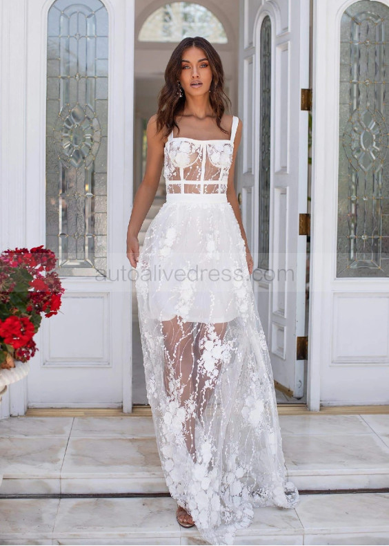 Straight Neck White Lace Tulle Prom Dress