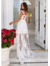 Straight Neck White Lace Tulle Prom Dress