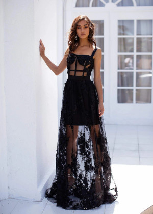 Wide Straps Black Lace Tulle Prom Dress