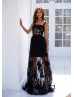 Wide Straps Black Lace Tulle Prom Dress