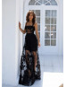 Wide Straps Black Lace Tulle Prom Dress