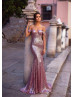 Off Shoulder Rose Pink Sequin Long Prom Dress