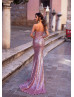 Off Shoulder Rose Pink Sequin Long Prom Dress