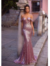 Off Shoulder Rose Pink Sequin Long Prom Dress