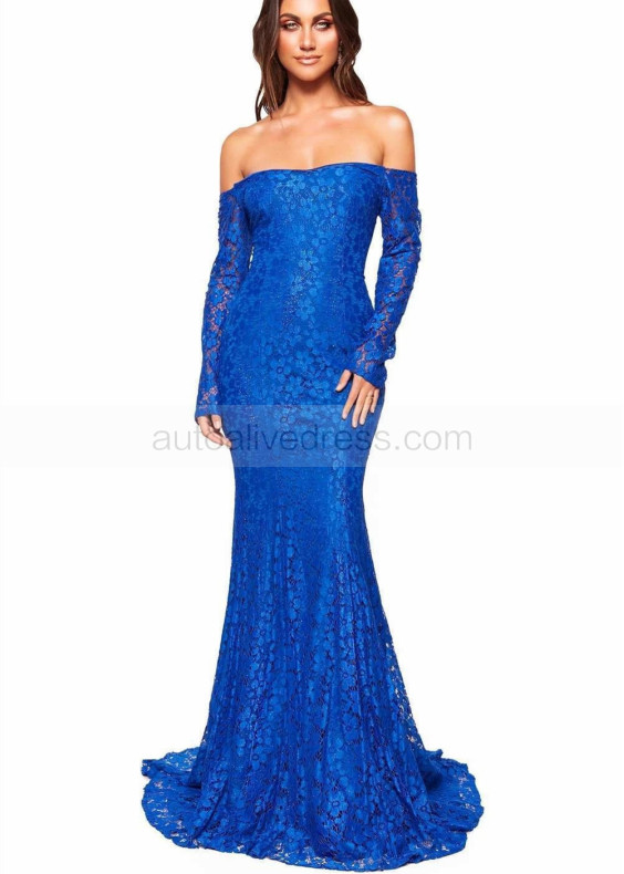 Off Shoulder Royal Blue Lace Long Prom Dress