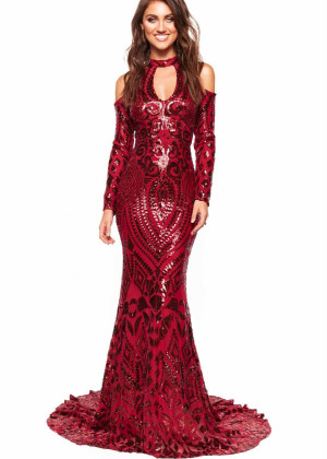 Halter Neck Burgundy Sequin Long Prom Dress