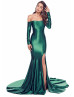 Off Shoulder Emerald Satin Slit Prom Dress
