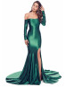 Off Shoulder Emerald Satin Slit Prom Dress Off Shoulder Emerald Satin Slit Prom Dress