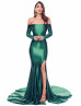 Off Shoulder Emerald Satin Slit Prom Dress