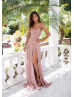 Scoop Neck Dusty Pink Jersey Slit Prom Dress Scoop Neck Dusty Pink Jersey Slit Prom Dress