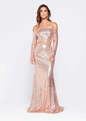 Two Piece Off Shoulder Rose Sequin Prom Dress
