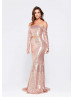 Two Piece Off Shoulder Rose Sequin Prom Dress