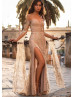 Sweetheart Strapless Gold Glittering Slit Long Prom Dress